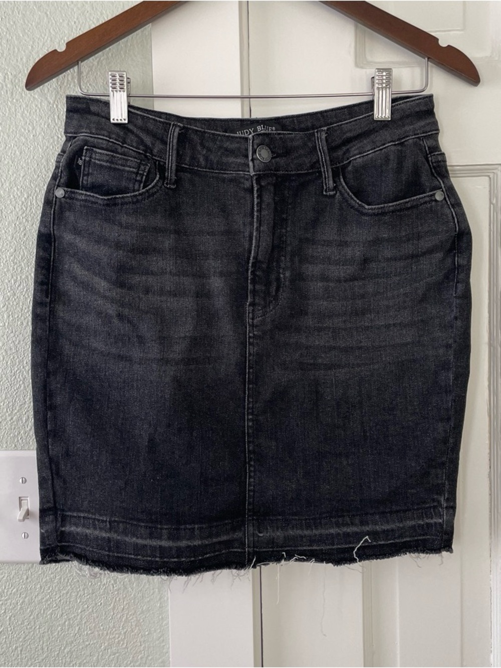 Judy Blue Washed Black Denim Mini Skirt with Raw Hem - Picture 2 of 9